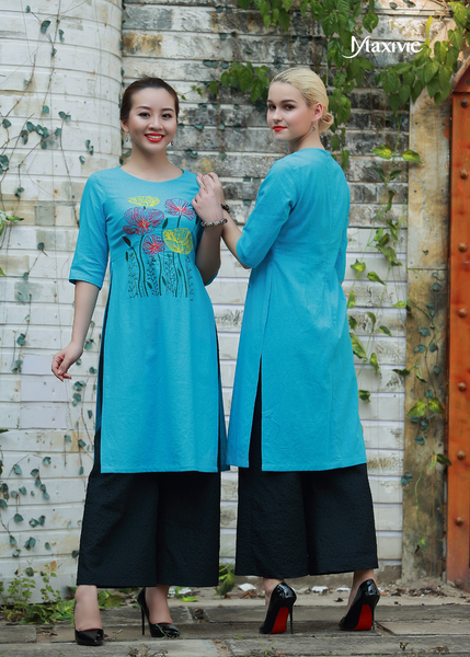 ÁO DÀI LINEN XANH BIỂN THÊU HOẠ TIẾT HOA TRÁI