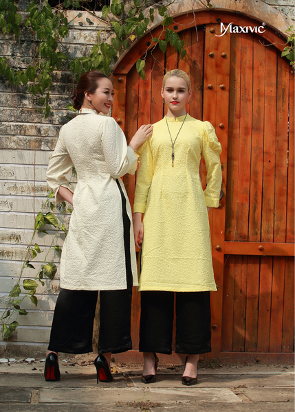 ÁO DÀI LAYA VÀNG HOA NỔI MAXIVIC