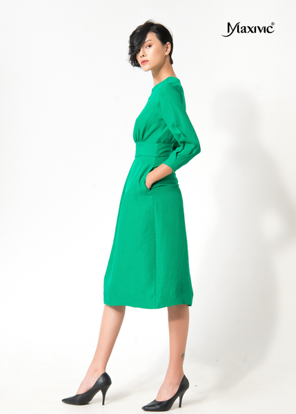 ĐẦM LINEN BỐ XANH DÁNG XOÈ, TAY DÀI