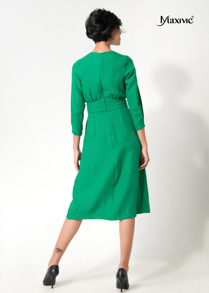 ĐẦM LINEN BỐ XANH DÁNG XOÈ, TAY DÀI