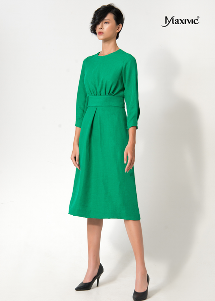 ĐẦM LINEN BỐ XANH DÁNG XOÈ, TAY DÀI