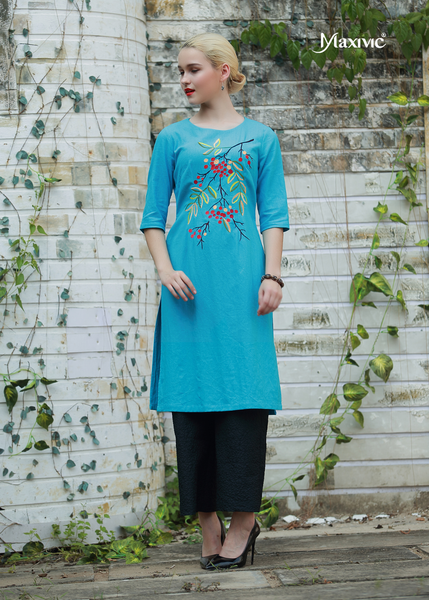 ÁO DÀI LINEN XANH BIỂN THÊU HOẠ TIẾT HOA TRÁI