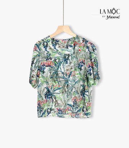Áo lụa chiffon hoạ tiết xanh cổ xéo Maxivic