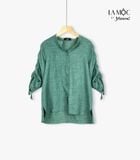 Áo sơmi xanh rêu linen mix tay rút dây La Mộc