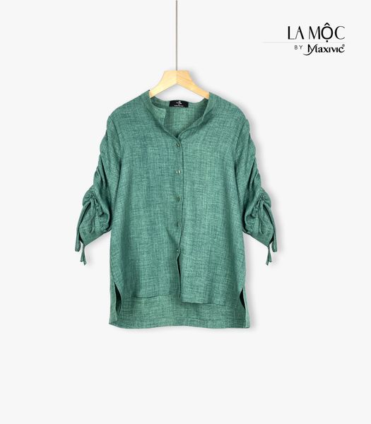 Áo sơmi xanh rêu linen mix tay rút dây Maxivic