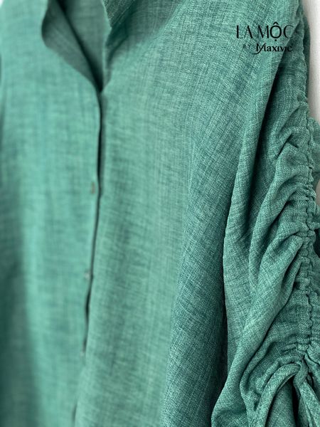 Áo sơmi xanh rêu linen mix tay rút dây Maxivic