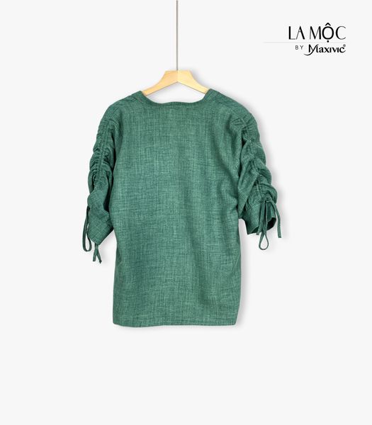 Áo sơmi xanh rêu linen mix tay rút dây Maxivic