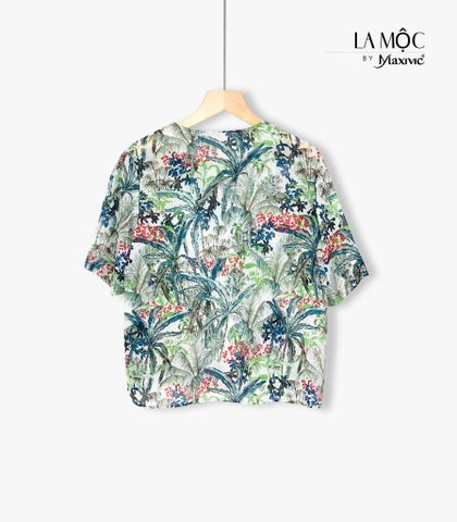 Áo lụa chiffon hoạ tiết xanh cổ xéo Maxivic