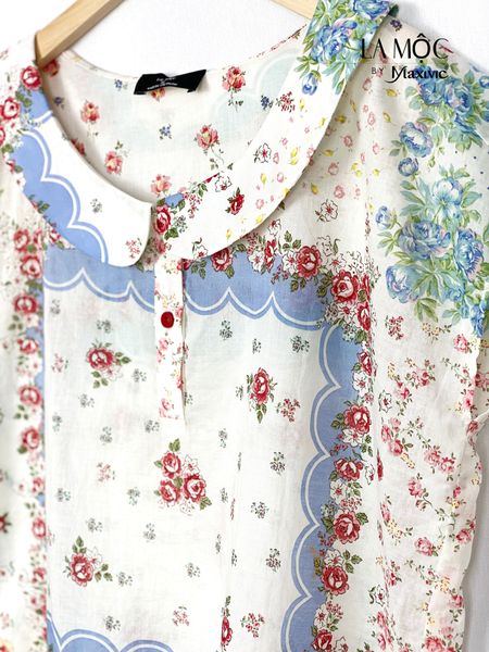 Áo cotton lụa hoa cổ cánh sen Maxivic