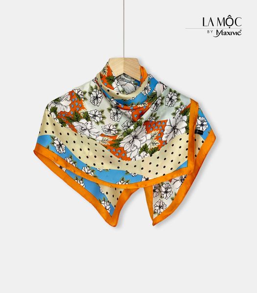 Khăn lụa vuông La Mộc 70x70 hoạ tiết hoa chấm bi