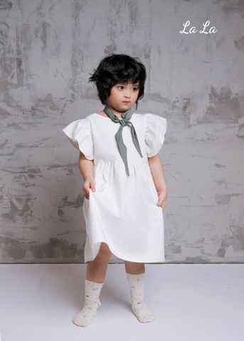 ĐẦM KEM LINEN,CỔ TRẮNG, TRẼ EM, TAY CÁNH TIÊN, TIÊU CHUẨN HÀNG XUẤT NHẬT