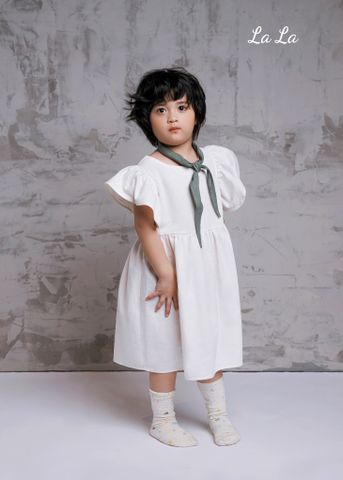 ĐẦM KEM LINEN,CỔ TRẮNG, TRẼ EM, TAY CÁNH TIÊN, TIÊU CHUẨN HÀNG XUẤT NHẬT