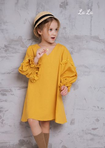 ĐẦM VÀNG TRẺ EM NỮ, LINEN VÀNG, TAY DÀI. TIÊU CHUẨN HÀNG NHẬT