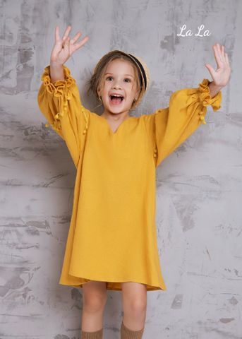 ĐẦM VÀNG TRẺ EM NỮ, LINEN VÀNG, TAY DÀI. TIÊU CHUẨN HÀNG NHẬT