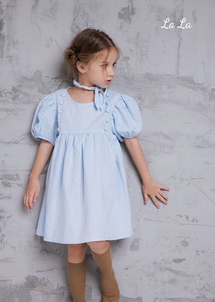 ĐẦM XANH NHẠT TRẺ EM NỮ, LINEN , TAY NGẮN, TIÊU CHUẨN HÀNG NHẬT