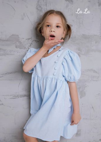 ĐẦM XANH NHẠT TRẺ EM NỮ, LINEN , TAY NGẮN, TIÊU CHUẨN HÀNG NHẬT