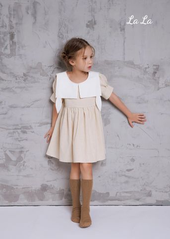 ĐẦM KEM LINEN, CỔ TRẮNG, TRẼ EM, TAY SÁT NÁCH, TIÊU CHUẨN HÀNG XUẤT NHẬT