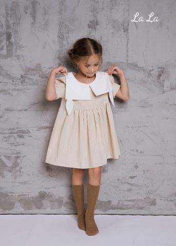 ĐẦM KEM LINEN, CỔ TRẮNG, TRẼ EM, TAY SÁT NÁCH, TIÊU CHUẨN HÀNG XUẤT NHẬT