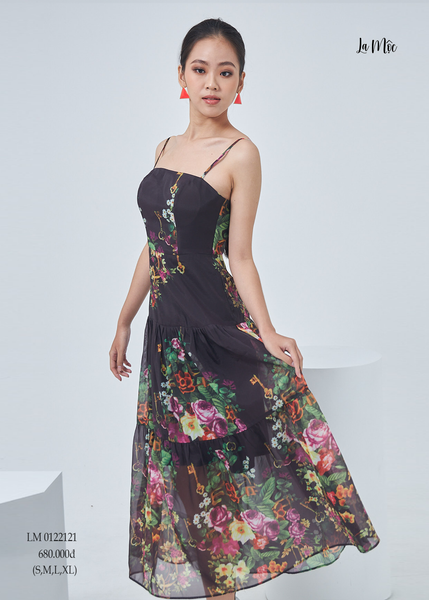 ĐẦM HOA 2 DÂY MAXIVIC, DÁNG DÀI XÒE, CHIFFON KOREA