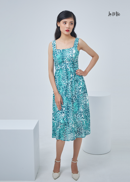 ĐẦM MAXIVIC CỔ VUÔNG, HỌA TIẾT DA BEO MÀU XANH