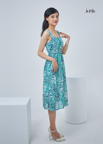 ĐẦM MAXIVIC CỔ VUÔNG, HỌA TIẾT DA BEO MÀU XANH