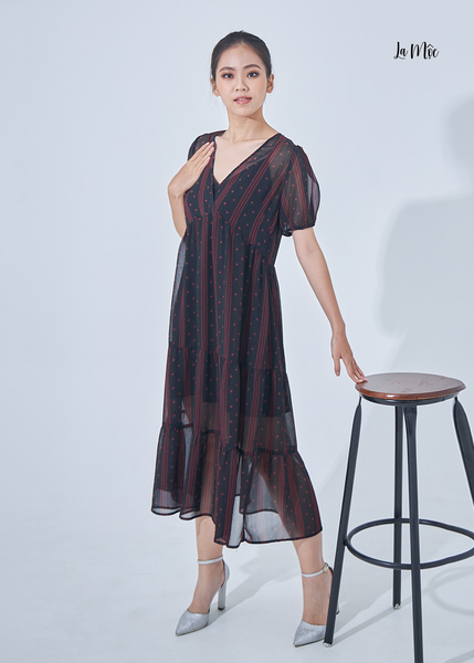 ĐẦM MAXI HỌA TIẾT MINI MAXIVIC CÓ LÓT 2 DÂY, CỔ CHỮ V, TÙNG NHÚN BÈO