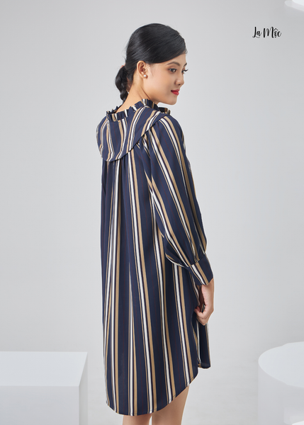 ĐẦM LỤA MAXIVIC, KIỀU SƠ MI BÈO CỔ DÁNG BABY DOLL, KẺ SỌC DỌC.