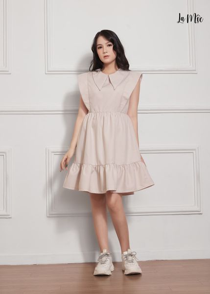 ĐẦM BABY DOLL MÀU KEM Maxivic, LỤA CREP KOREA. CỔ BẺ, TAY ORGANZA. TÙNG XÒE GIẤU BỤNG