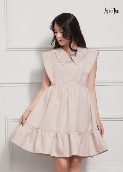 ĐẦM BABY DOLL MÀU KEM Maxivic, LỤA CREP KOREA. CỔ BẺ, TAY ORGANZA. TÙNG XÒE GIẤU BỤNG