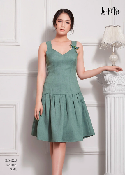 ĐẦM ÔM CHỮ A, CỔ TIM HAI DÂY LA MỘC, LỤA CREP KOREA