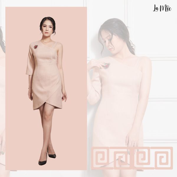 ĐẦM BODY MÀU HỒNG ĐẤT MAXIVIC, LỆCH VAI, LỤA CREP KOREA