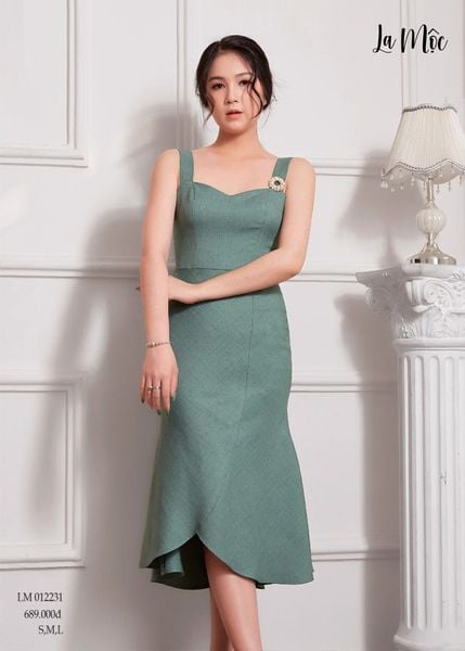 ĐẦM BODY XANH LÁ ĐUÔI CÁ LA MỘC, 2 DÂY,  LỤA CREP KOREA