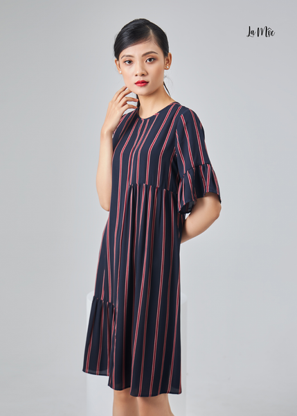 ĐẦM SUÔNG CỔ TRÒN SỌC ĐỎ LA MỘC, CHÂN VÁY NHÚN BÈO