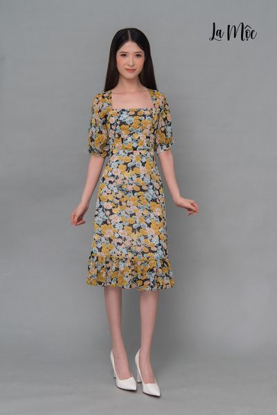 ĐẦM HOA DÁNG DÀI, CỔ VUÔNG LA MỘC, CHIFFON HOA KOREA