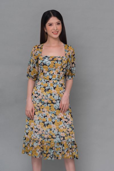 ĐẦM HOA DÁNG DÀI, CỔ VUÔNG MAXIVIC, CHIFFON HOA KOREA