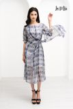 ĐẦM LA MỘC CHIFFON XOẮN EO, CỔ THUYỀN TAY LỬNG