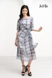 ĐẦM LA MỘC CHIFFON XOẮN EO, CỔ THUYỀN TAY LỬNG