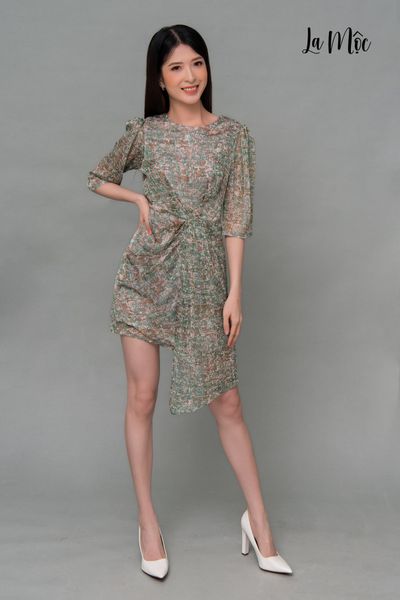 ĐẦM LA MỘC HOẠ TIẾT XANH, HỒNG, XẾP EO