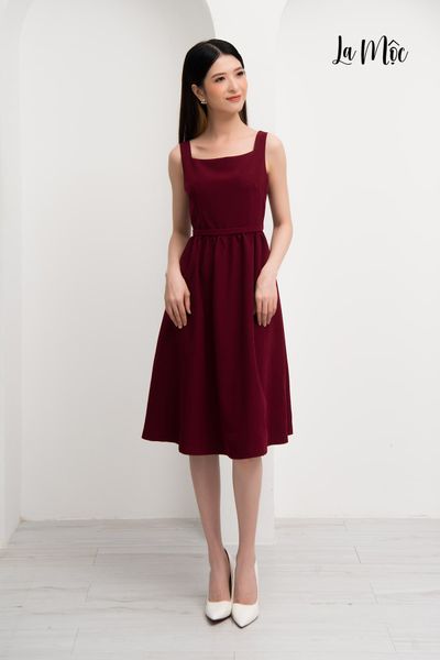 ĐẦM 2 DÂY DÁNG XÒE MAXIVIC MÀU ĐỎ, CÔ VUÔNG, THẮT EO