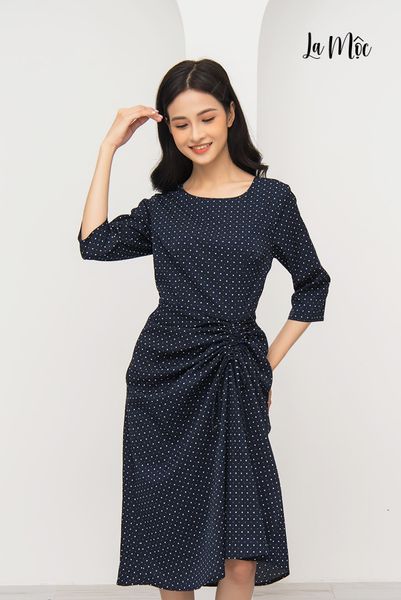 ĐẦM ÔM MAXIVIC, MÀU XANH CHẤM BI, RÚT DÂY VÁY