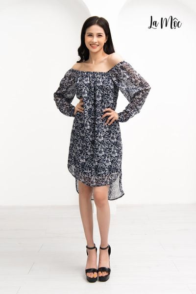 ĐẦM MAXIVIC TRỄ VAI XANH ĐEN, HOẠ TIẾT HOA TRĂNG