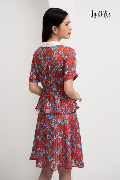 ĐẦM HOA MÀU ĐỎ Maxivic, CỔ VIỀN TRẮNG