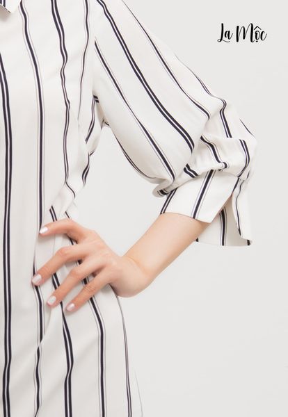 ĐẦM SƠ MI MAXIVIC, MÀU TRẰNG SỌC, DÁNG DÀI ĐUÔI CÁ