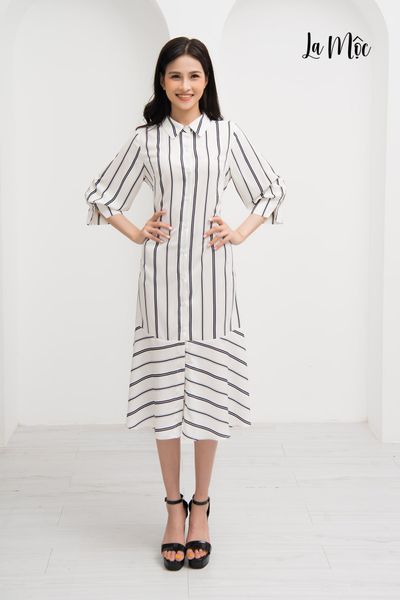 ĐẦM SƠ MI MAXIVIC, MÀU TRẰNG SỌC, DÁNG DÀI ĐUÔI CÁ