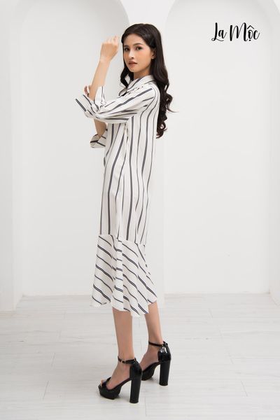 ĐẦM SƠ MI MAXIVIC, MÀU TRẰNG SỌC, DÁNG DÀI ĐUÔI CÁ