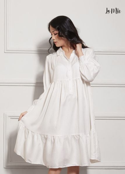ĐẦM BABY DOLL MÀU KEM LA MỘC, SATIN LỤA KOREA, TAY DÀI