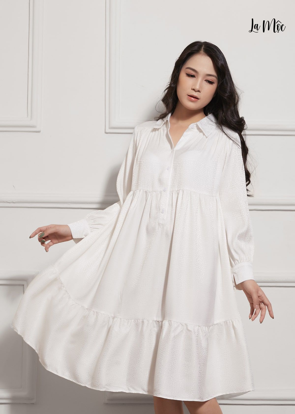  ĐẦM BABY DOLL MÀU KEM LA MỘC, SATIN LỤA KOREA, TAY DÀI 