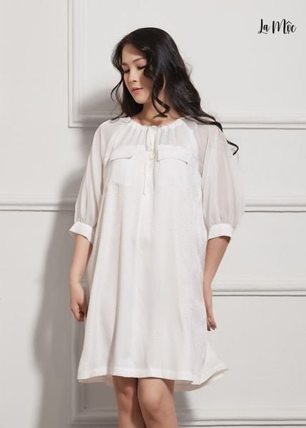 ĐẦM BABY DOLL MÀU KEM MAXIVIC, SATIN LỤA KOREA, TAY LỠ, CỔ TRÒN