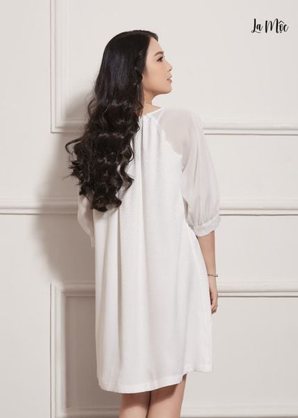 ĐẦM BABY DOLL MÀU KEM MAXIVIC, SATIN LỤA KOREA, TAY LỠ, CỔ TRÒN