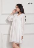 ĐẦM BABY DOLL TRẮNG LA MỘC, LỤA CREP KOREA KẾT HỢP CHIFFON, TAY DÀI, CỔ BÈO, TÙNG XÒE GIẤU BỤNG